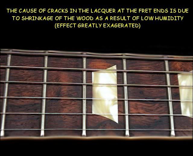 This puts stress on the binding at the fret ends and the lacquer cracks. Here's a sketch I made to illustrate: