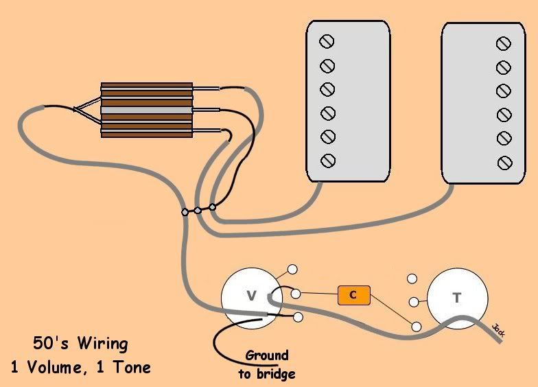 50's Wiring For 1 Volume and 1 Tone 2 humbucker wiring diagram les paul guitar 